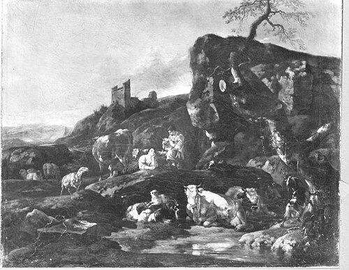 Italienische Berglandschaft mit Hirten und ruhender Viehherde, 1658, Johann Heinrich Roos