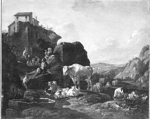 Italienische Berglandschaft mit Hirten und Viehherde, 1676, Johann Heinrich Roos