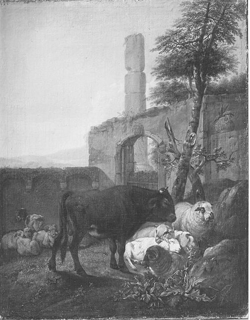 Ein brauner Stier und ruhende Schafe in antiker Ruine, 1661, Johann Heinrich Roos