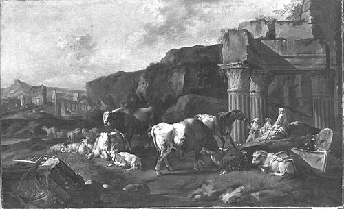 Italienische Landschaft mit Ruine des Vespasiantempels, 1677, Johann Heinrich Roos