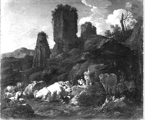 Ruhende Hirtin und Viehherde vor Felsen und Ruinen, 1670, Johann Heinrich Roos