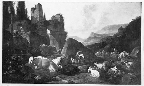 Italienische Ruinenlandschaft mit Hirten und ruhender Viehherde, 1658, Johann Heinrich Roos