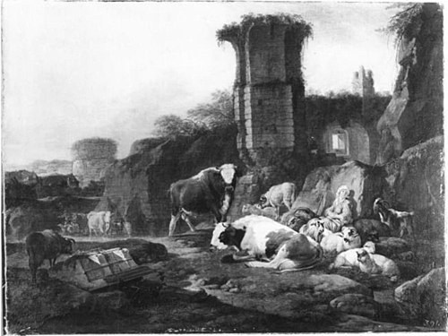 Shepherds and Cattle at he foot of Ruins, 1681, Johann Heinrich Roos
