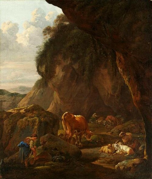 Mountainous landscape with shepherdess and cattle, 1679, Johann Heinrich Roos