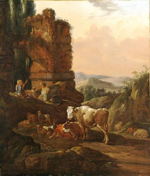 Southern landscape with shepherdess and cattle at a ruin, 1679, Johann Heinrich Roos