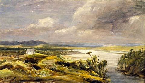 Panmure church, view looking up Tamaki, 1853, Albin Martin
