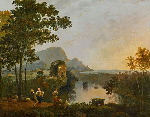 A coastal landscape with figures dancing at the mouth of a river, , Richard Wilson