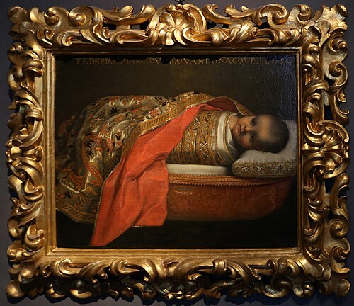 The swaddled Prince of Urbino in the cradle, 1605, Alessandro Vitali
