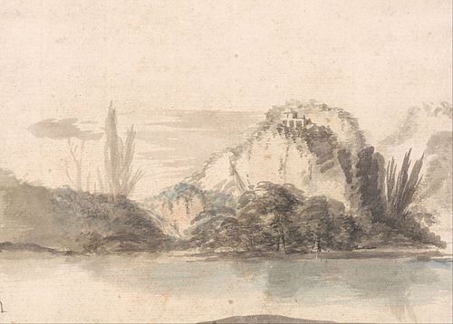 A Temple Perched on a Rocky Outcrop Seen Across a Lake, 1767, Alexander Runciman