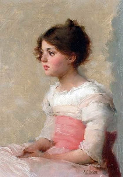 Portrait of a beautiful young girl seated, wearing a white dress with a red sash, , Alfred Edward Emslie