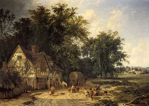 Playing football outside the Gun Inn, 1844, Alfred Walter Williams