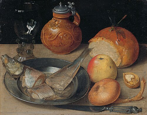 Still-life with herring pewter and stoneware jug, 1630, Georg Flegel