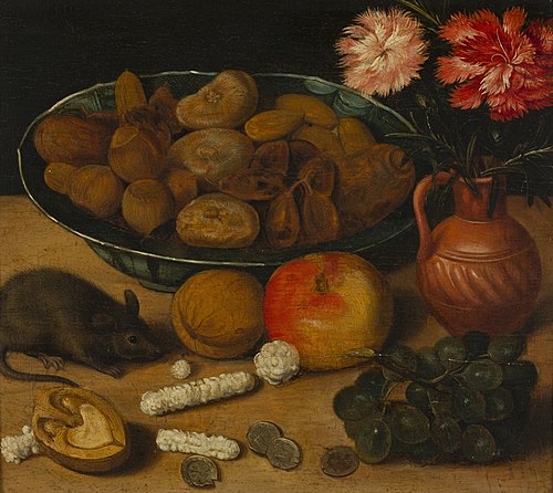 Stilleven met vaas bloemen, noten, vruchten en muis, 1614, Georg Flegel