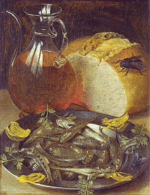 Nature morte au flacon de vin et aux petits poissons, 1637, Georg Flegel