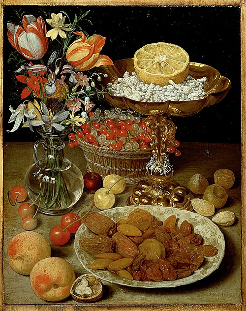 Dessertstilleben mit Blumenstrauß, 1632, Georg Flegel