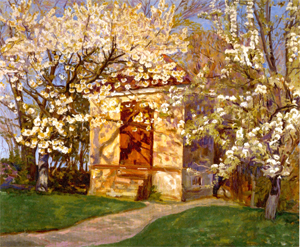 Havehust med blomstrende kirsebær, 1927, Alhed Larsen