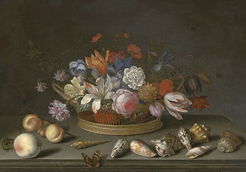 Tulips, roses and other flowers in a basket on a table, with shells, fruit, a lizard and a butterfly, , Balthasar van der Ast