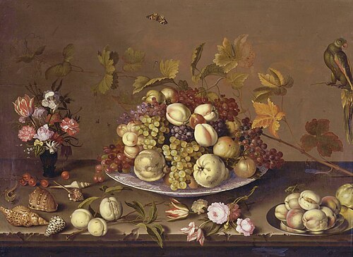 Still life with a bowl of fruit surrounded by flowers, shells, fruit, insects and a parrot, 1633, Balthasar van der Ast