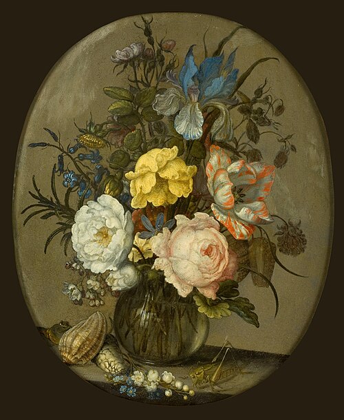 Flowers in a Glass Vase with next to ith shells and an insect, 1650, Balthasar van der Ast