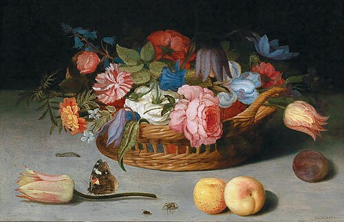 Roses, tulips, irises and other flowers in a wicker basket, with fruit and insects on a ledge, 1657, Balthasar van der Ast