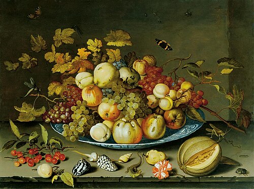 Stillleben mit Früchten, Muscheln und Insekten, 1625, Balthasar van der Ast