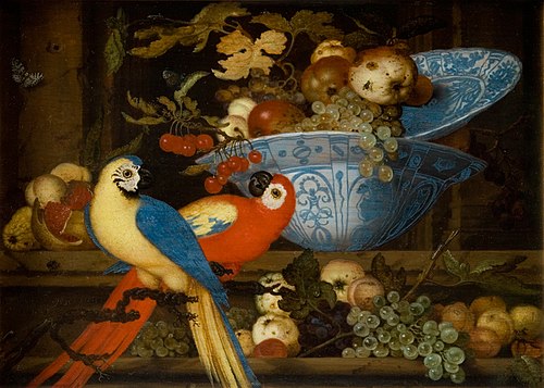 Fruit Still Life with Two Parrots, 1623, Balthasar van der Ast