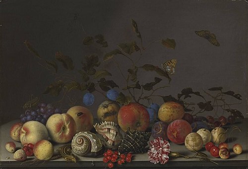 Stilleven van vruchten, schelpen, een anjer en een hagedis op een stenen plint, 1635, Balthasar van der Ast