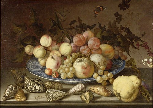 Still life with fruits on a blue bowl and shells, 1625, Balthasar van der Ast
