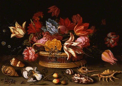 A basket of flowers with shells on a ledge, 1640, Balthasar van der Ast