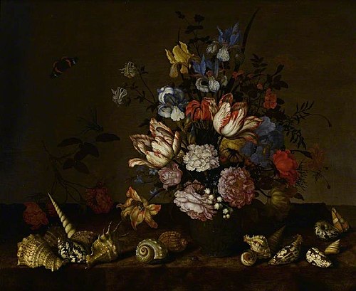 A vase of flowers with shells on a ledge, 1644, Balthasar van der Ast