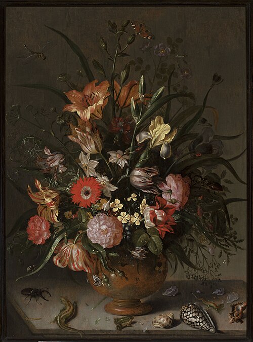 Bouquet of flowers in a vase, insects and tiny creatures, 1634, Jacob Marrel