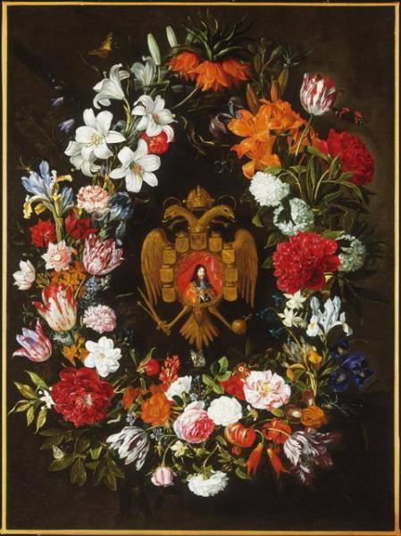 Wreath of Flowers Encircling the Coat-of-Arms and Miniature of The Holy Roman Emperor Leopold I, 1658, Jacob Marrel