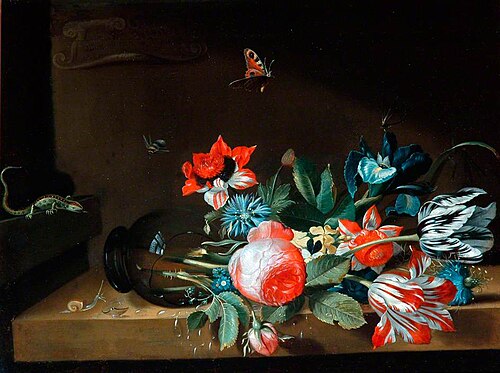 A Still Life of an Overturned Glass Vase with Flowers and Flying Insects, 1651, Jacob Marrel