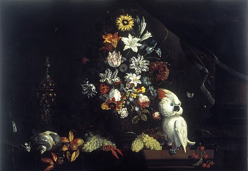 Still life with flowers in a vase and a cockatoo, 1651, Jacob Marrel