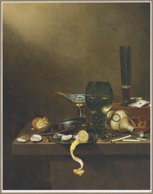 Still life with a passglass, salt cellar, playing cards, roemer, brazier, pipe, stoneware tankard, b, 1644, Jan Jansz van de Velde III