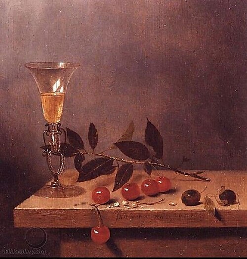 Façon de Venise wine glass and cherries on wooden table, 1655, Jan Jansz van de Velde III