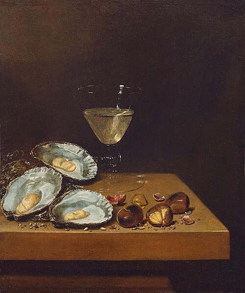 Monochrome Banketje Monochromes Bankettbild (Bildpaar). Stillleben mit Weinglas, Austern und Kastani, 1662, Jan Jansz van de Velde III