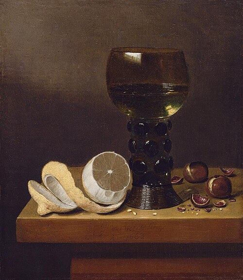 Monochrome Banketje Monochromes Bankettbild (Bildpaar). Stillleben mit Römer, halber Zitrone und Kas, 1662, Jan Jansz van de Velde III