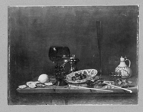 Still life with wineglass, flute, glass, earthenware jug and pipes, 1651, Jan Jansz van de Velde III