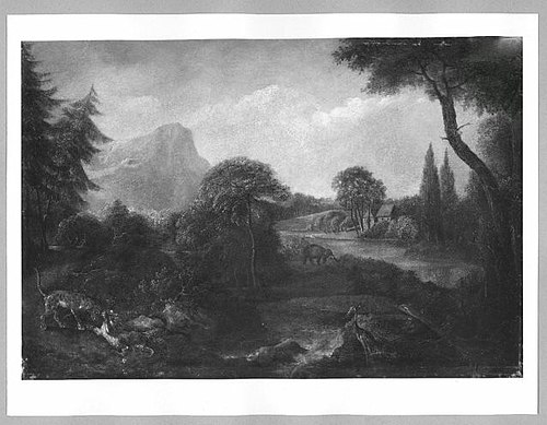 landscape with river tigers, elefant and ostrich, 1684, Johann Melchior Roos
