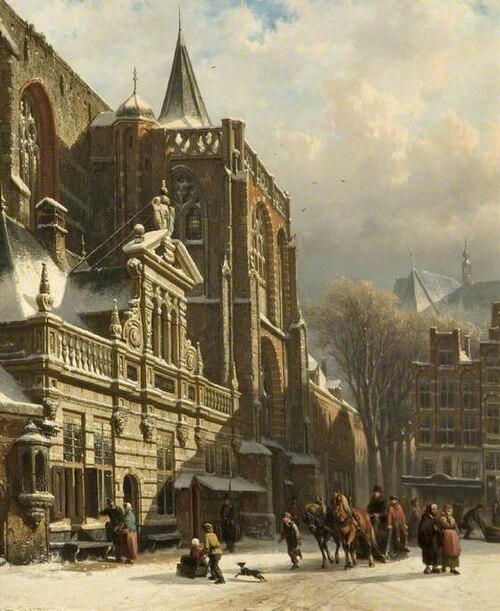 View of the Hoofdwacht and the Grote Kerk, Zwolle, The Netherlands, 1862, Cornelis Springer