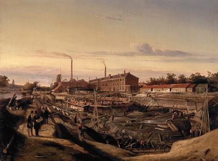 De bouw van twee gashouders van de Hollandsche Gazfabriek aan de Schans, 1847, Cornelis Springer