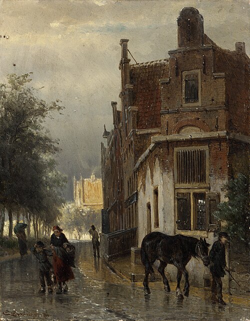 Gezicht aan de haven te Enkhuizen bij regen, 1881, Cornelis Springer
