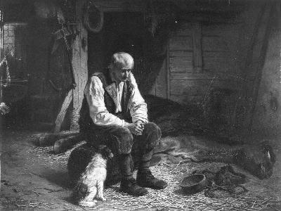 In een stal zit een oude Schuitenjager bij zijn dode paard, 1860, Hendrik Jacobus Scholten
