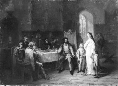 Anno 1343. Eleonora van Engeland voorspelt Reinoud van Gelre de rampen van zijn huis, 1868, Hendrik Jacobus Scholten