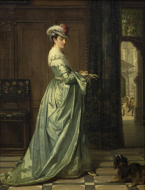 Dame in een interieur, in satijn gekleed, 1875, Hendrik Jacobus Scholten
