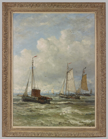 Bomschuiten varend richting open zee, , Hendrik Willem Mesdag