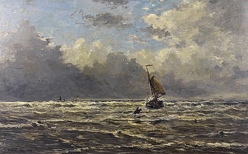 Onstuimige zee met kleine boot, 1874, Hendrik Willem Mesdag