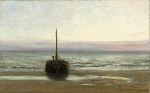 Scheepje bij ondergaande zon, 1870, Hendrik Willem Mesdag