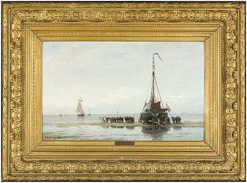 Zeegezicht met drooggevallen vissersboot, 1880, Hendrik Willem Mesdag